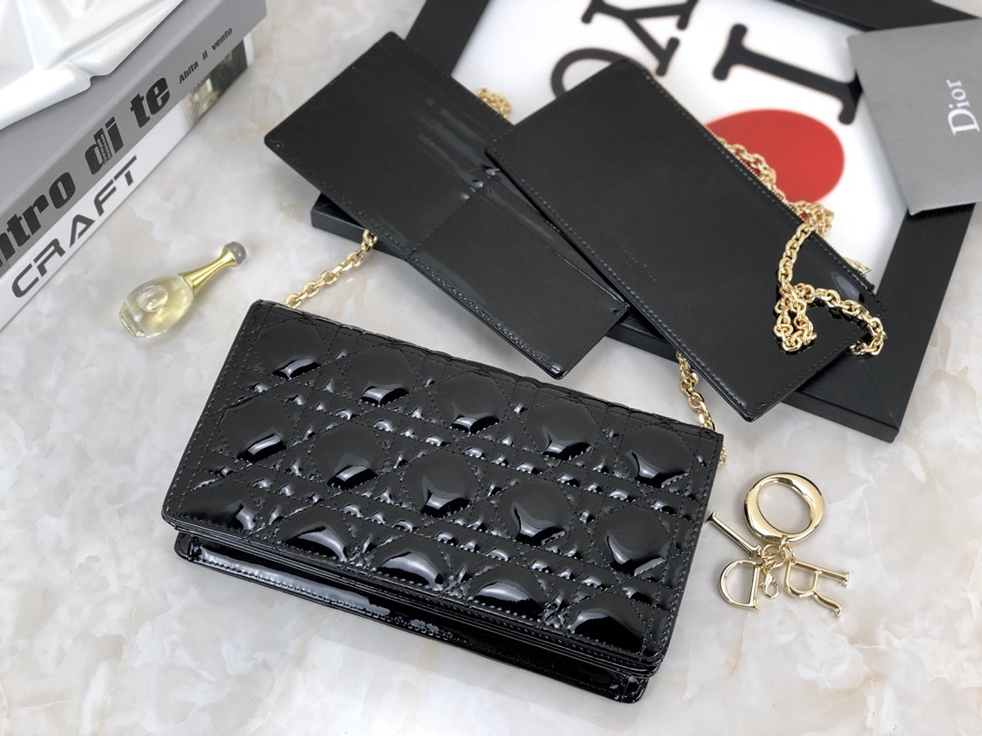 Lady D*0r Pouch  Black Patent Cannage Calfskin 8.5 x 4.5 x 1 inches