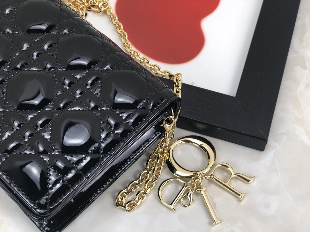 Lady D*0r Pouch  Black Patent Cannage Calfskin 8.5 x 4.5 x 1 inches