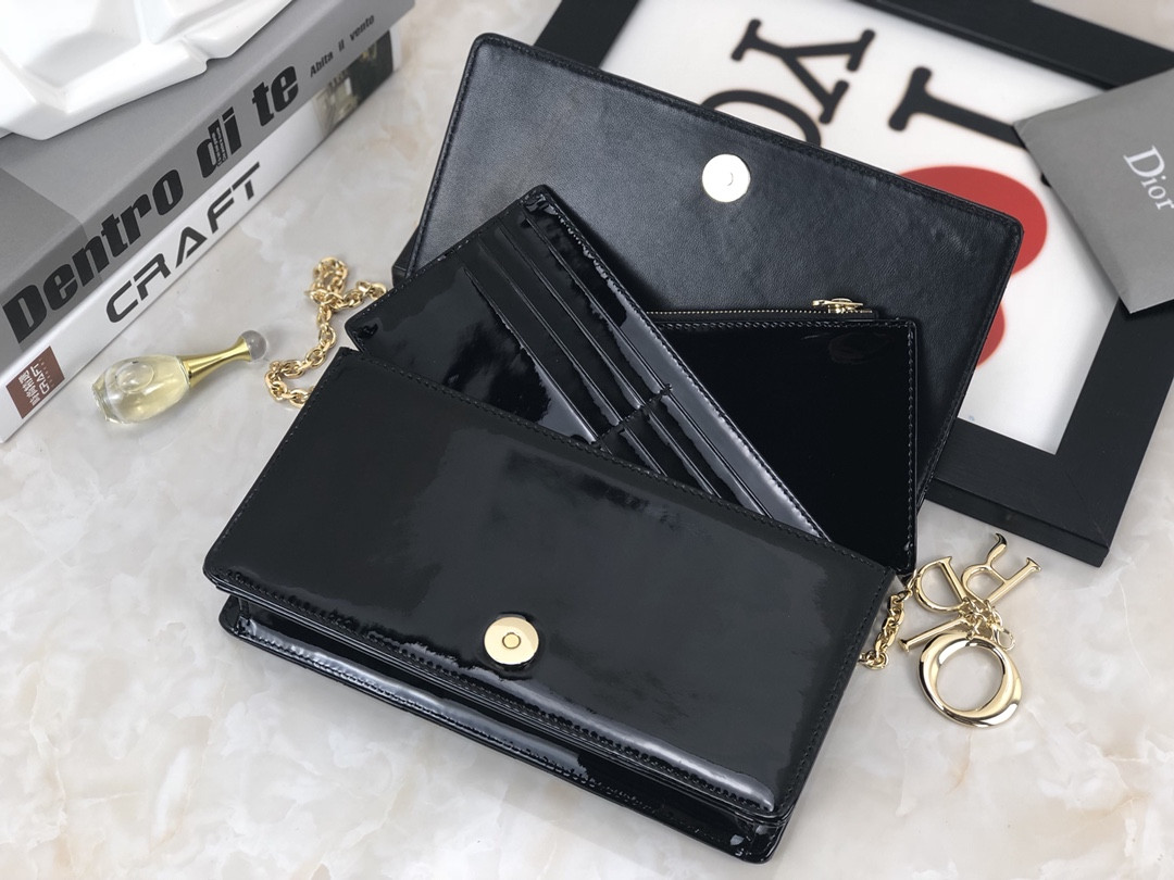 Lady D*0r Pouch  Black Patent Cannage Calfskin 8.5 x 4.5 x 1 inches