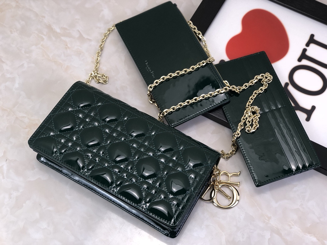 Lady D*0r Pouch Dark Green Patent Cannage Calfskin 8.5 x 4.5 x 1 inches