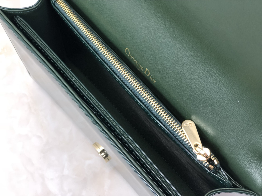 Lady D*0r Pouch Dark Green Patent Cannage Calfskin 8.5 x 4.5 x 1 inches