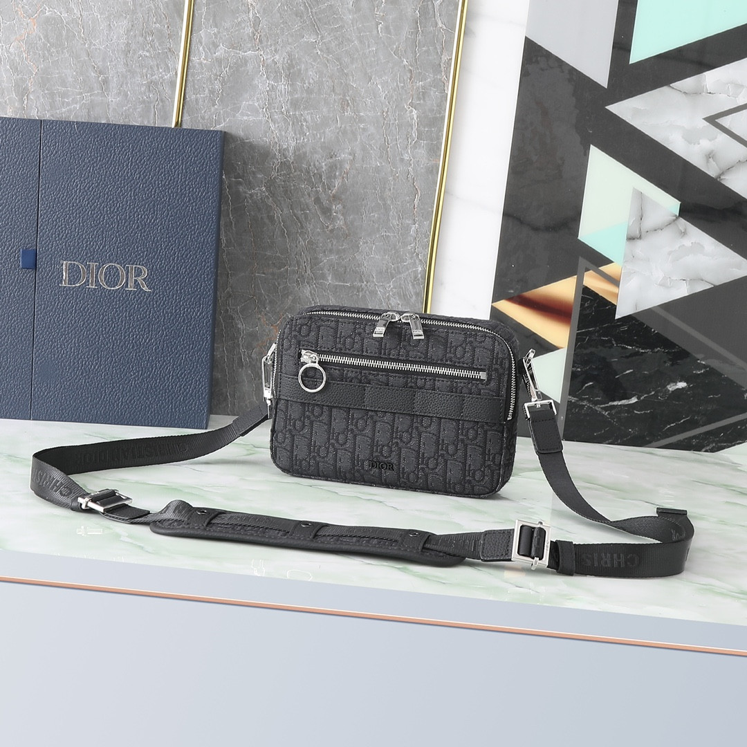 D*0r Safari Bag with Strap  Black D*0r Oblique Jacquard  8.5 x 6 x 2.5 inches
