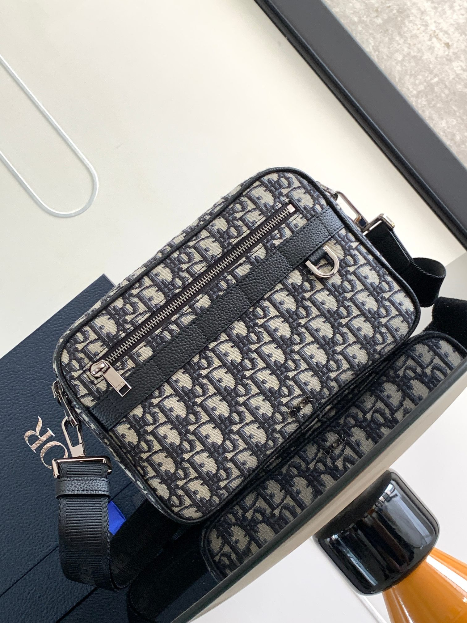 D*0r Maxi Safari Bag with Strap Beige and Black D*0r Oblique Jacquard