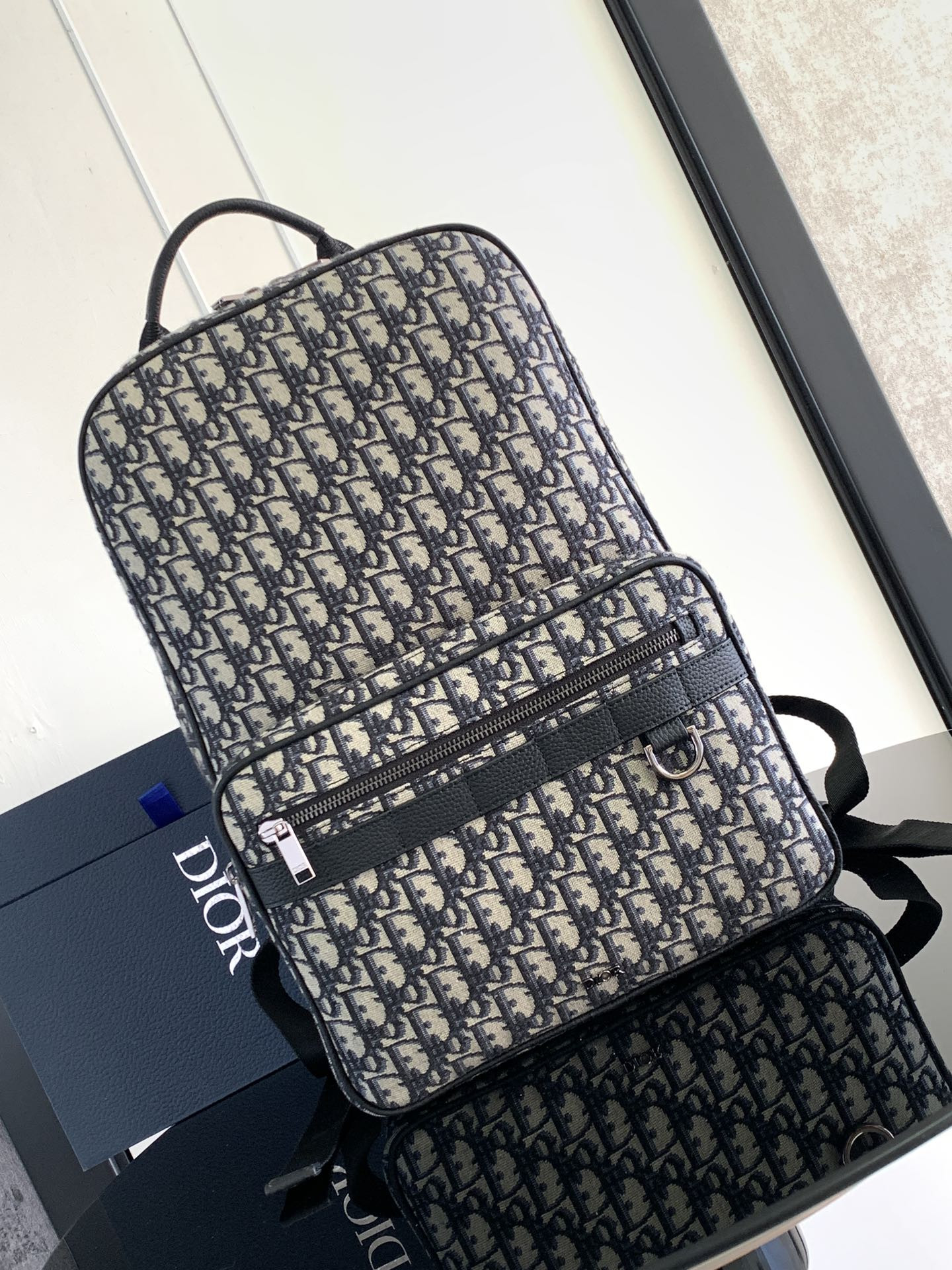 D*0r Safari Backpack  Beige and Black D*0r Oblique Jacquard 11 x 16 x 5.5 inches