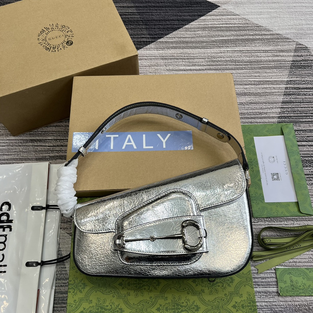 G*u*i HORSEBIT 1955 SMALL SHOULDER BAG Metallic silver 10.4"W x 6.7-4.1"H x 3.1-1.6"D