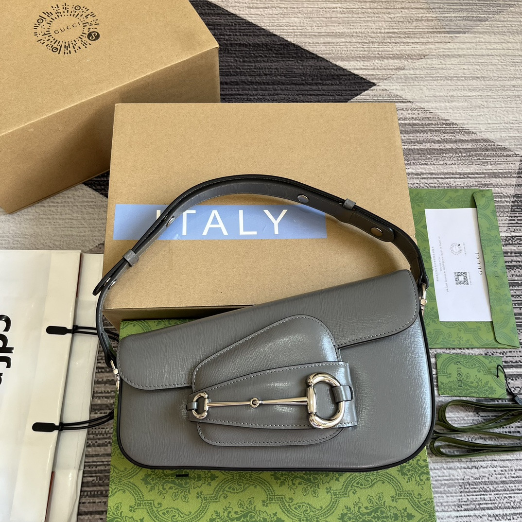 G*u*i HORSEBIT 1955 SMALL SHOULDER BAG GRAY 10.4"W x 6.7-4.1"H x 3.1-1.6"D