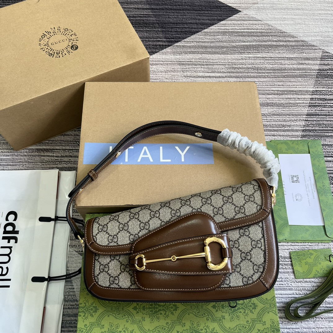 G*u*i HORSEBIT 1955 SMALL SHOULDER BAG Beige Brown 10.4"W x 6.7-4.1"H x 3.1-1.6"D