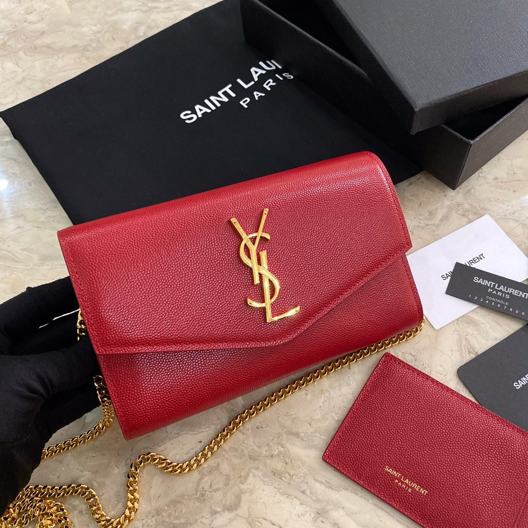 Y*L UPTOWN CHAIN WALLET IN GRAIN DE POUDRE EMBOSSED LEATHER RED 7.5 X 4.7 X 1.2 INCHES