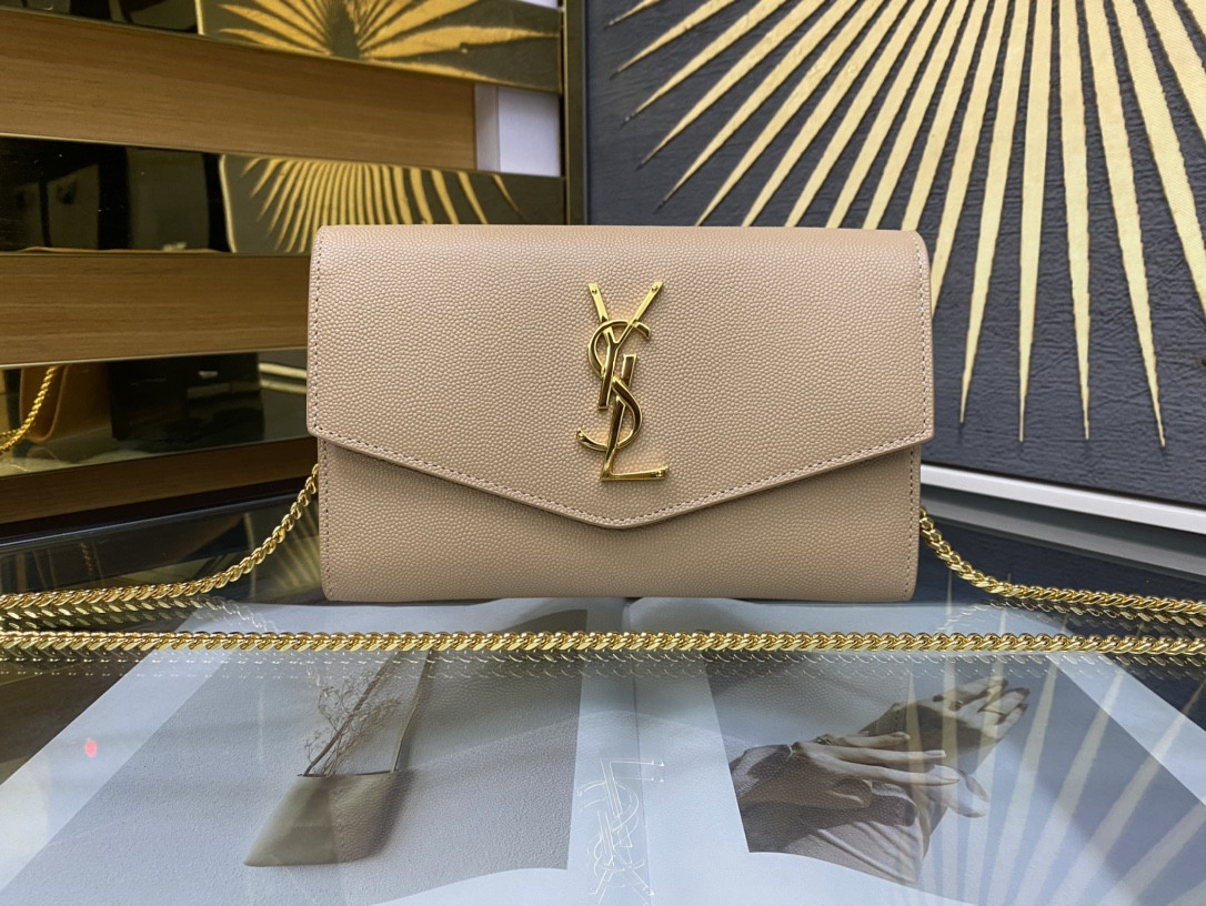Y*L UPTOWN CHAIN WALLET IN GRAIN DE POUDRE EMBOSSED LEATHER DARK BEIGE 7.5 X 4.7 X 1.2 INCHES
