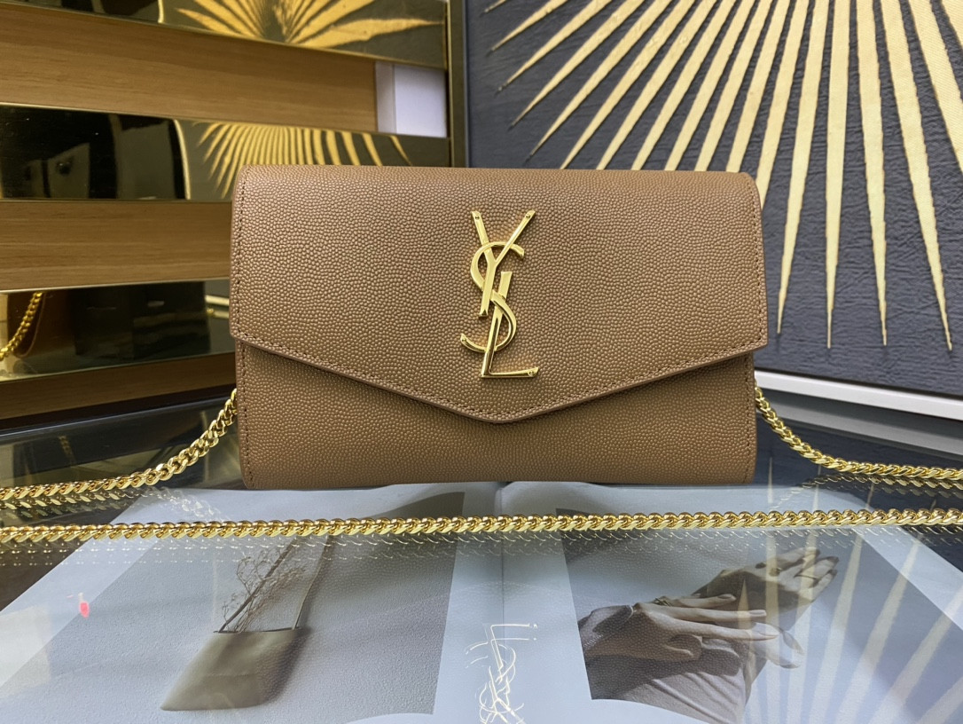 Y*L UPTOWN CHAIN WALLET IN GRAIN DE POUDRE EMBOSSED LEATHER TAUPE 7.5 X 4.7 X 1.2 INCHES