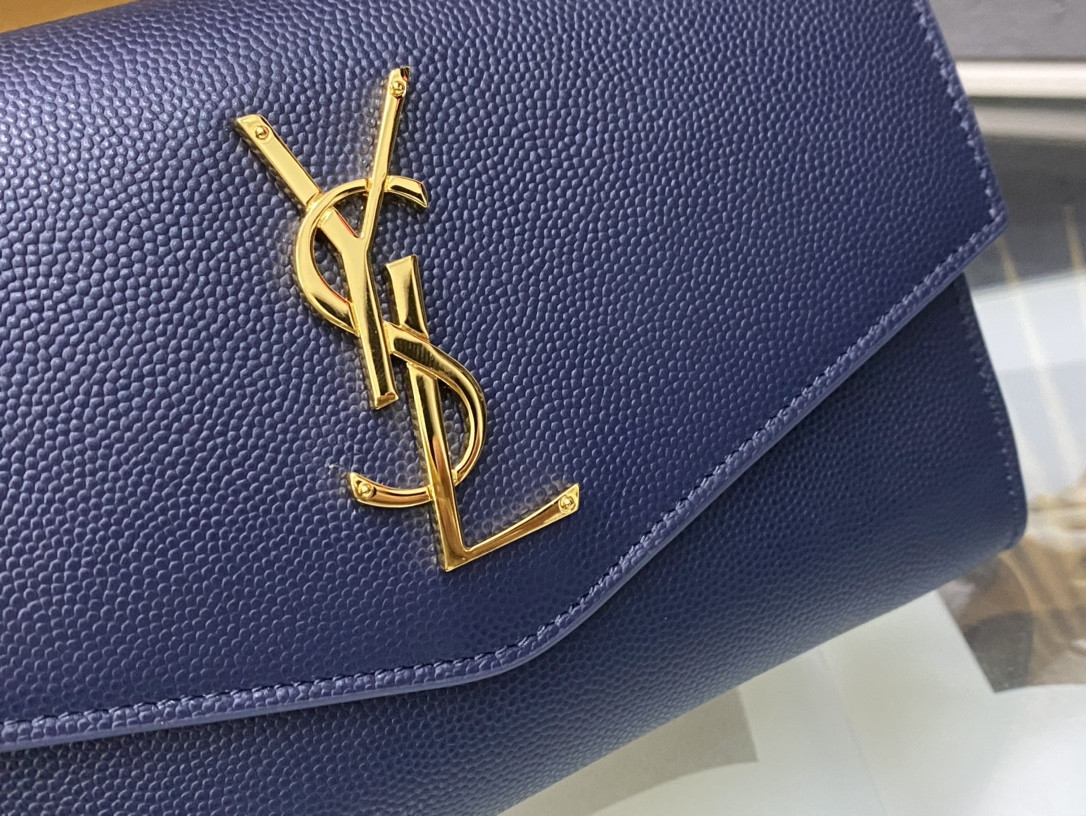Y*L UPTOWN CHAIN WALLET IN GRAIN DE POUDRE EMBOSSED LEATHER NAVY 7.5 X 4.7 X 1.2 INCHES