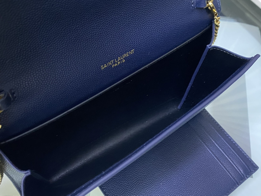 Y*L UPTOWN CHAIN WALLET IN GRAIN DE POUDRE EMBOSSED LEATHER NAVY 7.5 X 4.7 X 1.2 INCHES