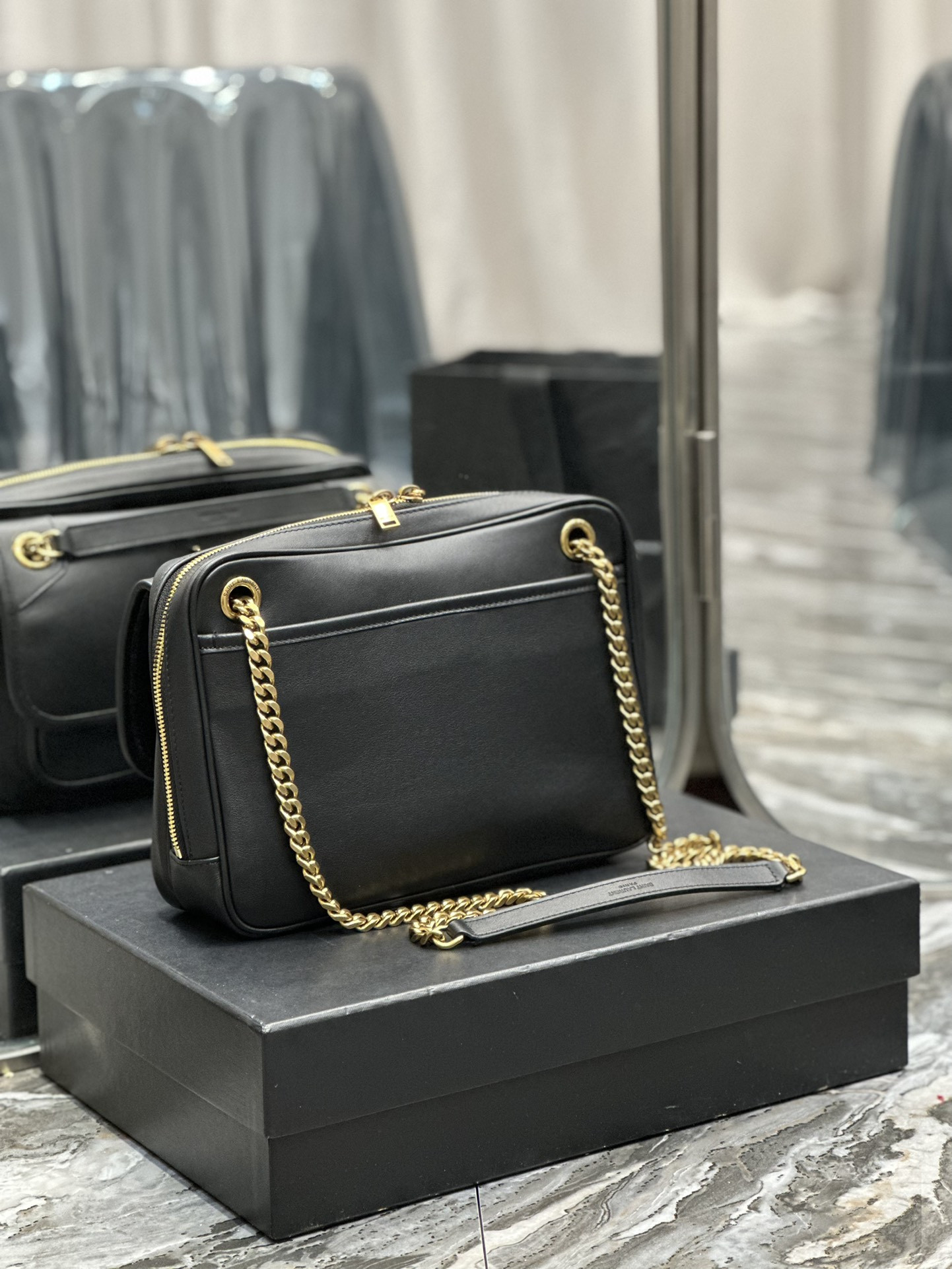 Y*L NIKI MEDIUM IN VINTAGE LEATHER BLACK GOLD 11 X 7.8 X 3.3 INCHES