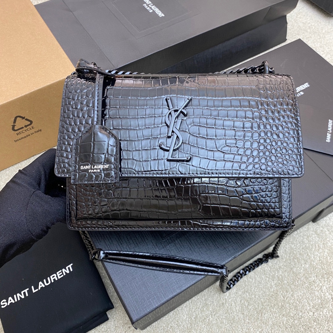 Y*L SUNSET MEDIUM IN CROCODILE-EMBOSSED LEATHER NOIR 8 X 6.2 X 2.5 INCHES