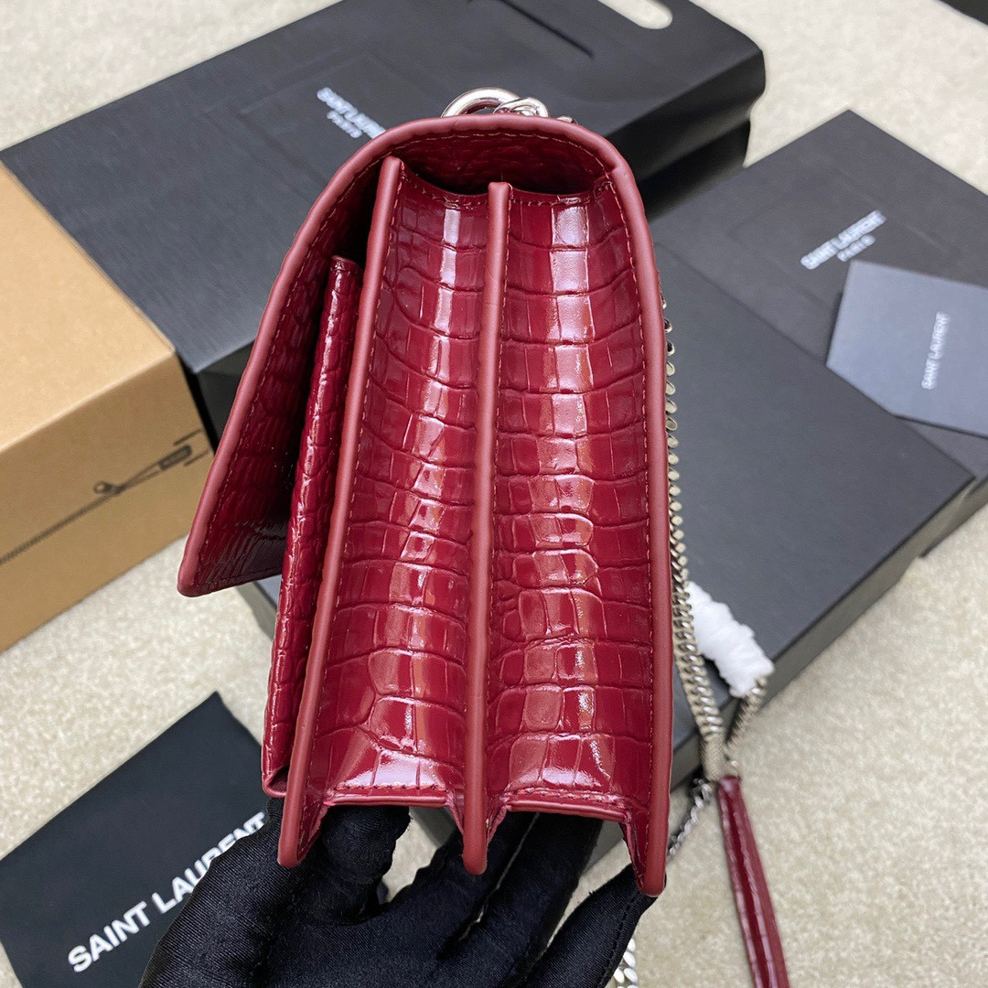 Y*L SUNSET MEDIUM IN CROCODILE-EMBOSSED LEATHER RED VELVET 8 X 6.2 X 2.5 INCHES