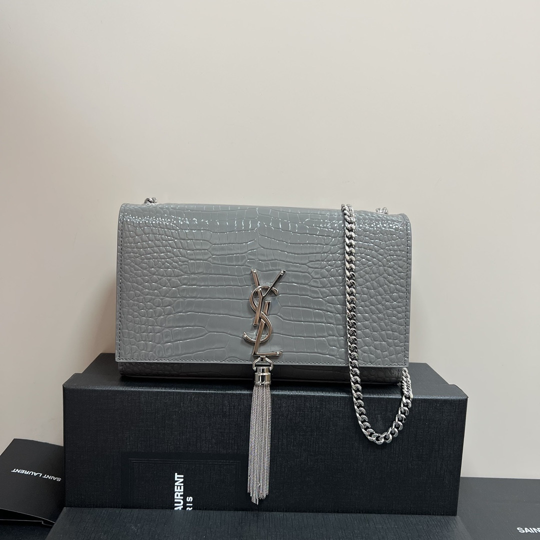Y*L KATE MEDIUM TASSEL IN CROCODILE-EMBOSSED LEATHER GRAY 9.4 X 5.7 X 2.1 INCHES