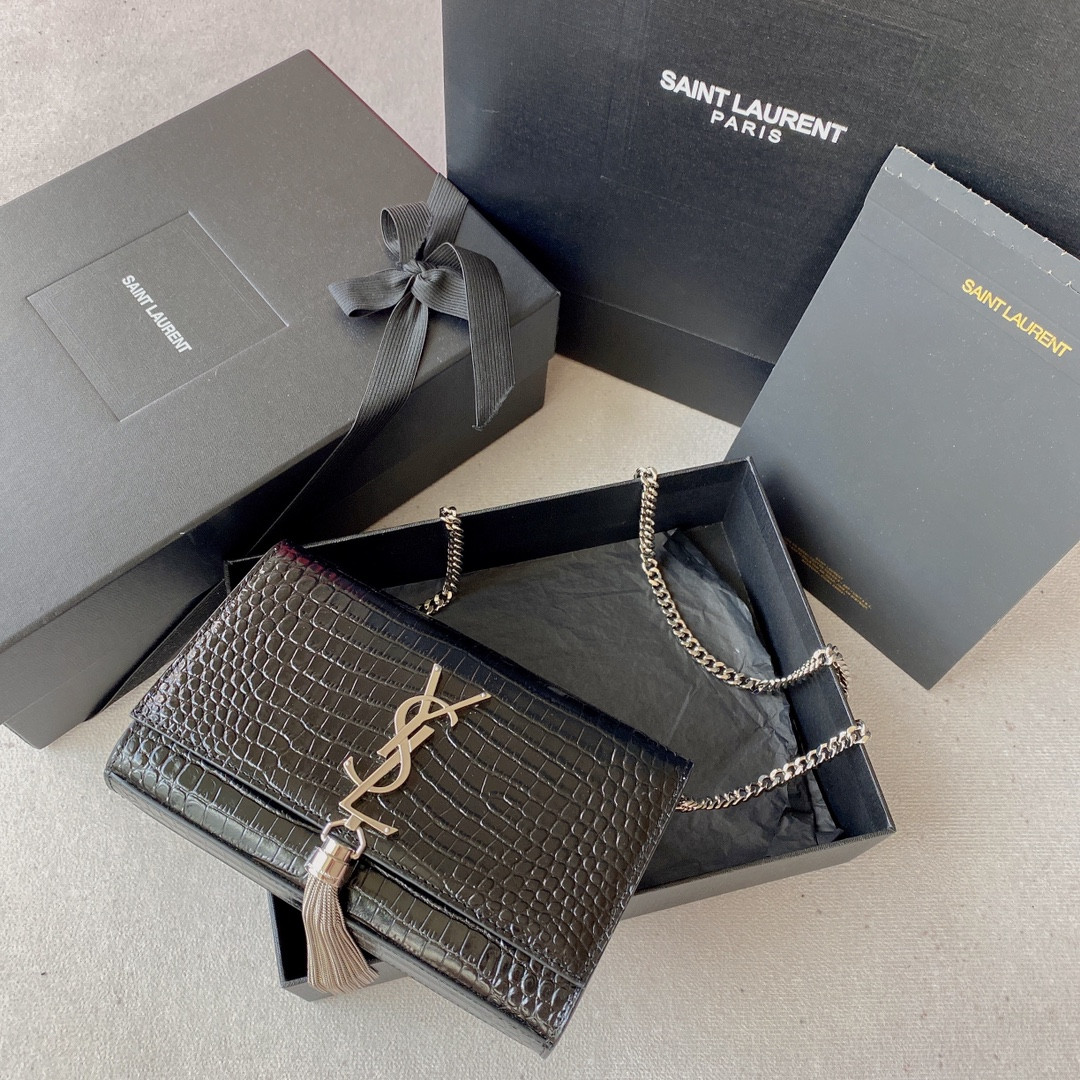 Y*L KATE MEDIUM TASSEL IN CROCODILE-EMBOSSED LEATHER BLACK 9.4 X 5.7 X 2.1 INCHES