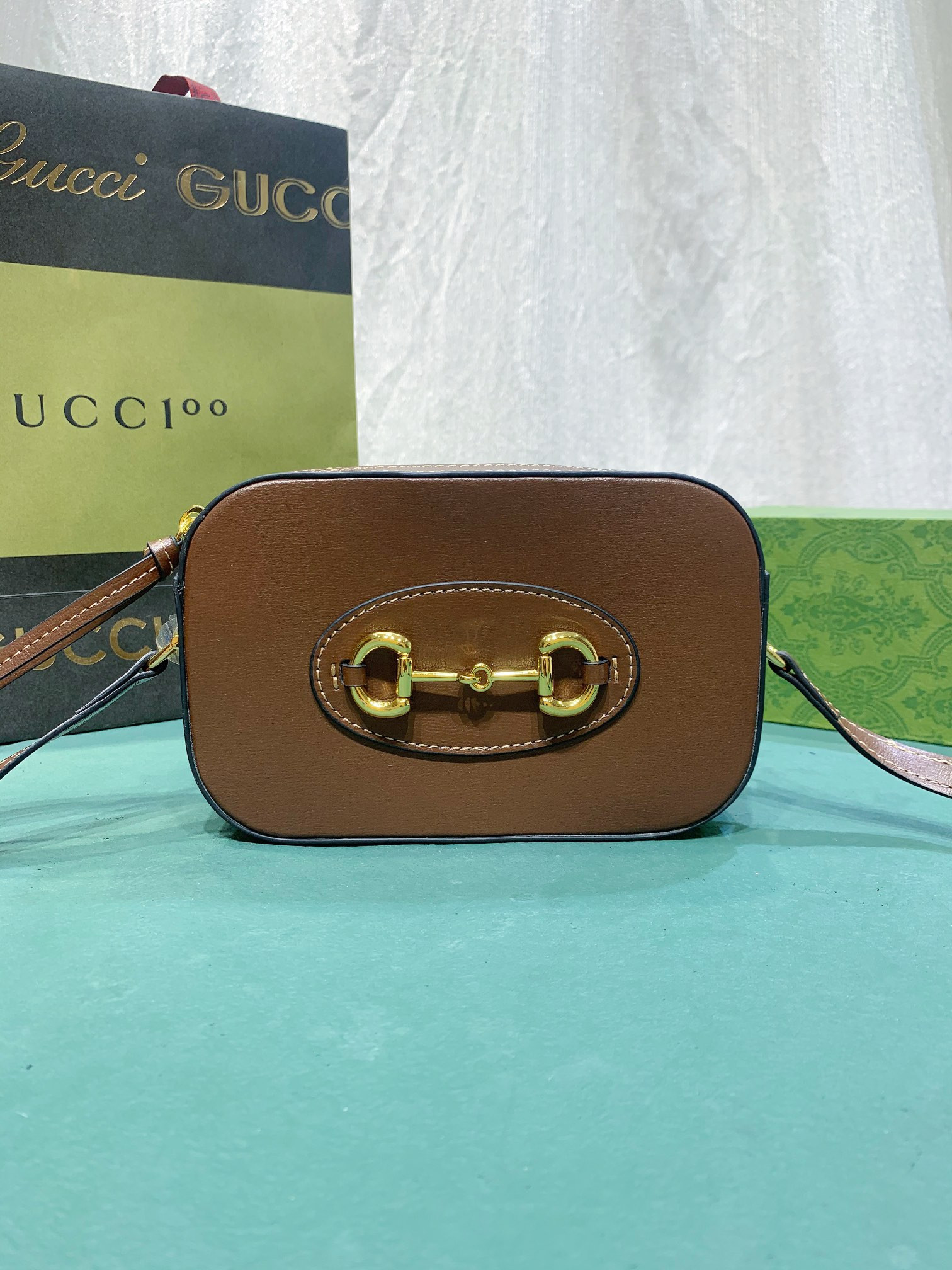 G*u*i HORSEBIT 1955 SMALL SHOULDER BAG BROWN 7.9"W x 5.1"H x 2.4"D
