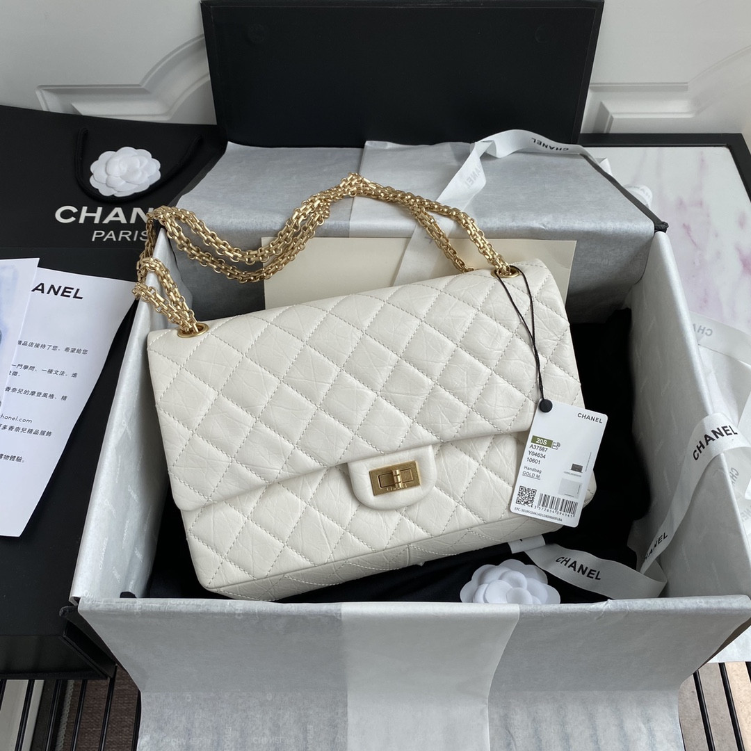 Ch*el LARGE 2.55 HANDBAG White& Gold-Tone Metal 7.6 × 10.9 × 2.9 in