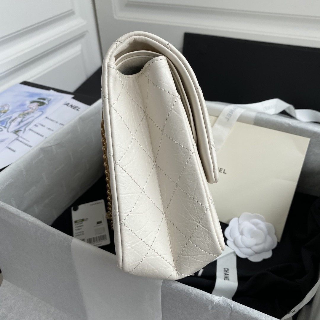 Ch*el LARGE 2.55 HANDBAG White& Gold-Tone Metal 7.6 × 10.9 × 2.9 in