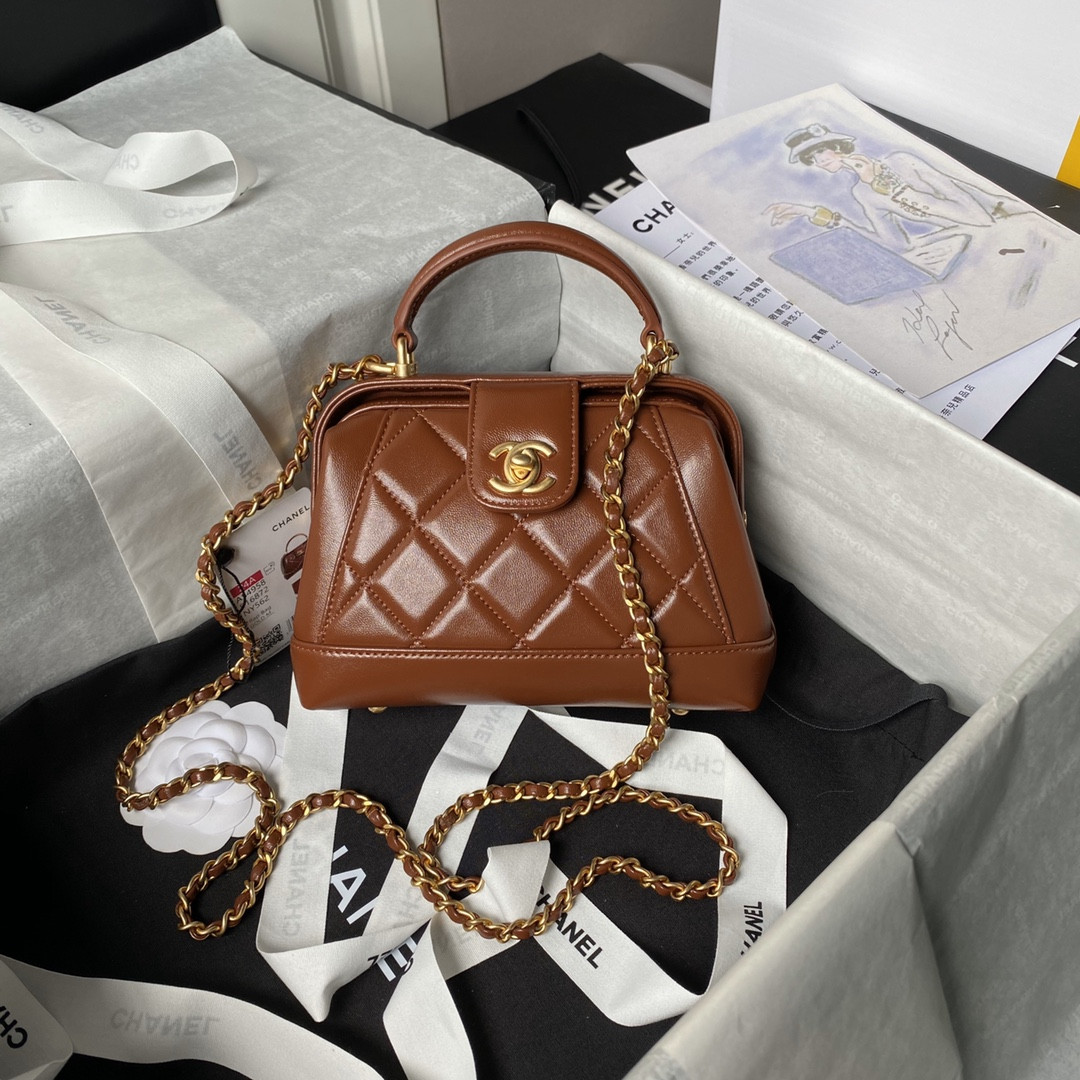 Ch*el MINI BAG WITH TOP HANDLE  Shiny Lambskin & Gold-Tone Metal Brown 12 × 18 × 7 cm