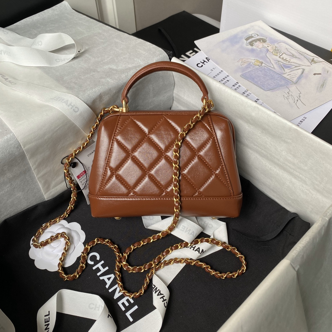 Ch*el MINI BAG WITH TOP HANDLE  Shiny Lambskin & Gold-Tone Metal Brown 12 × 18 × 7 cm