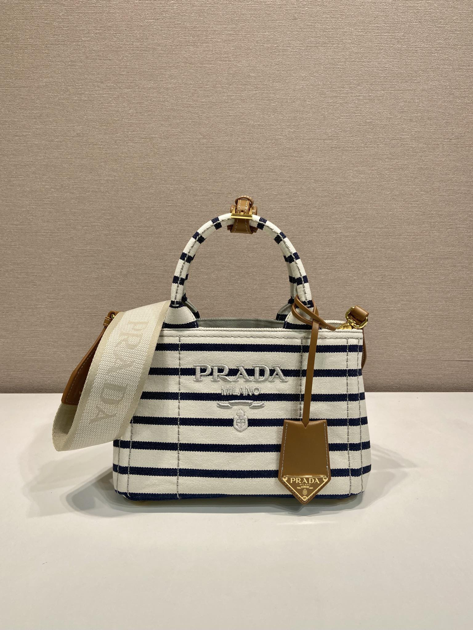 Pra*a Jardinière striped cotton canvas mini-bag 22x15x13cm